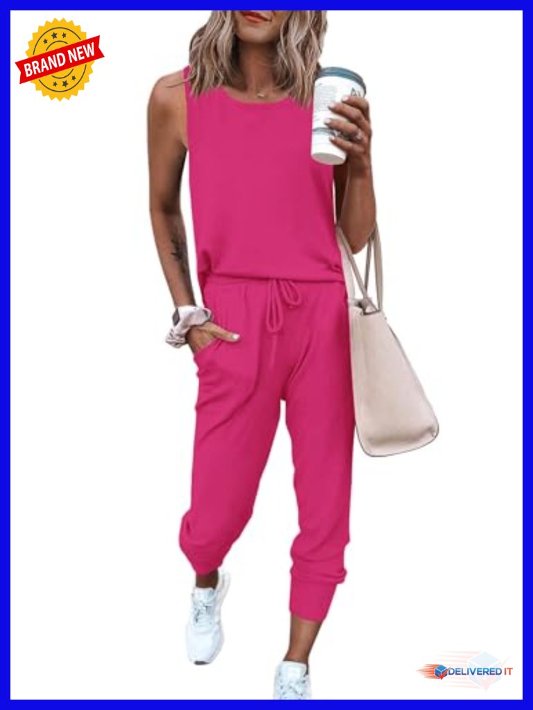 Two Piece Outfit Set - Sleeveless Tank & High Waist Drawstring Pants - Lounge &